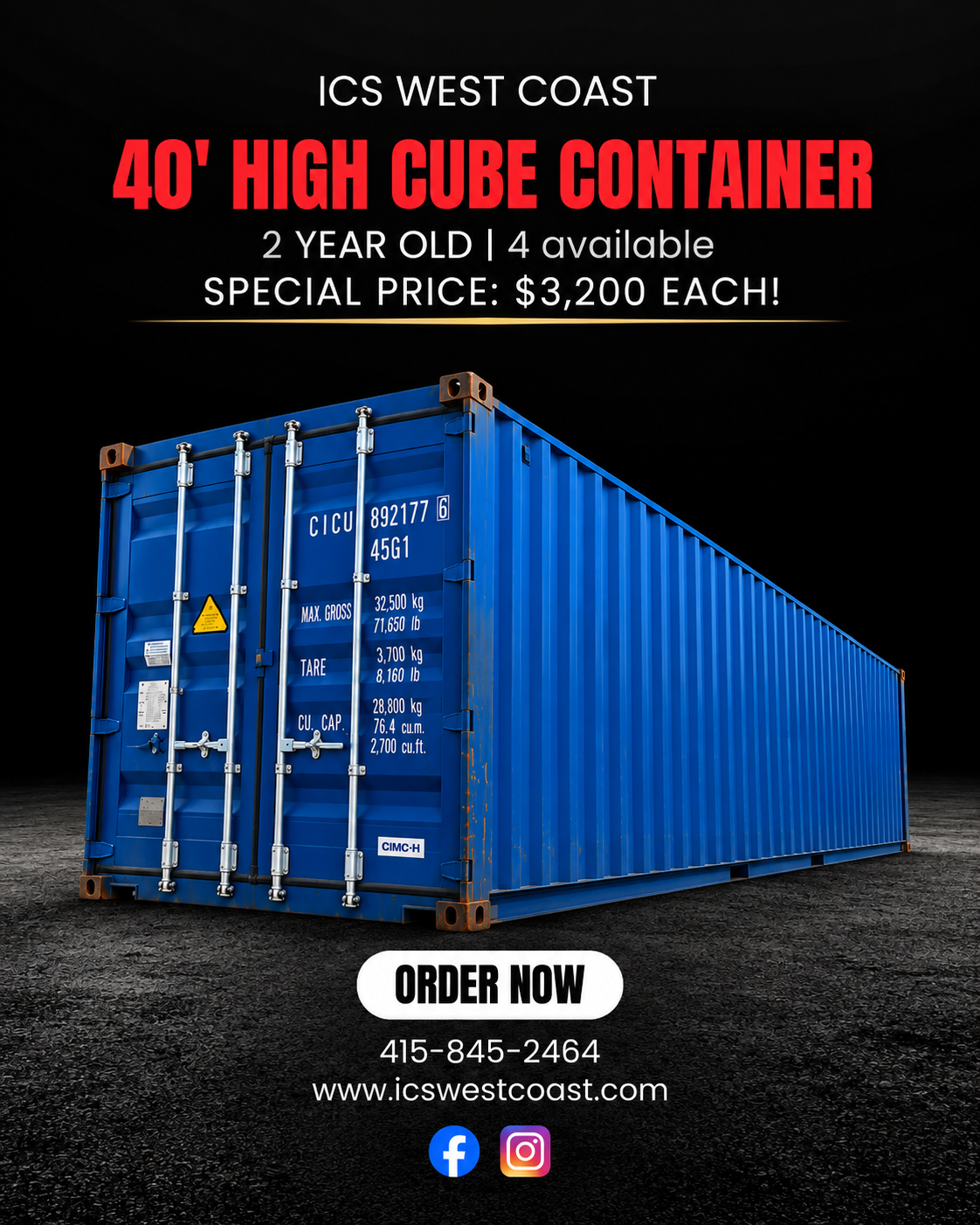 40' High Cube Shipping Container – 2 Years Old | $3,200  Special Price: $3,200 per container