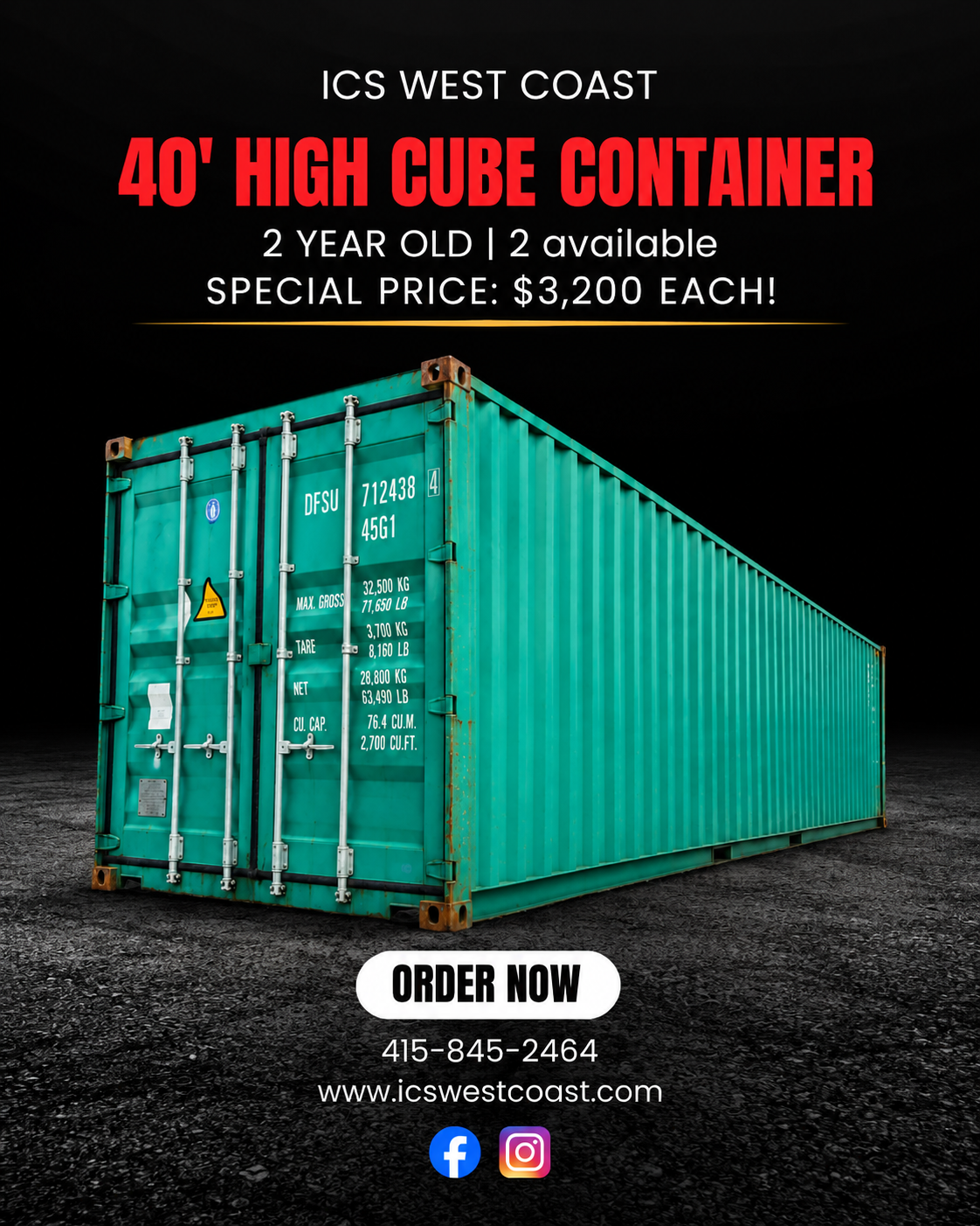 40' High Cube Shipping Container – 2 Years Old  SPECIAL PRICE: $3,200 EACH