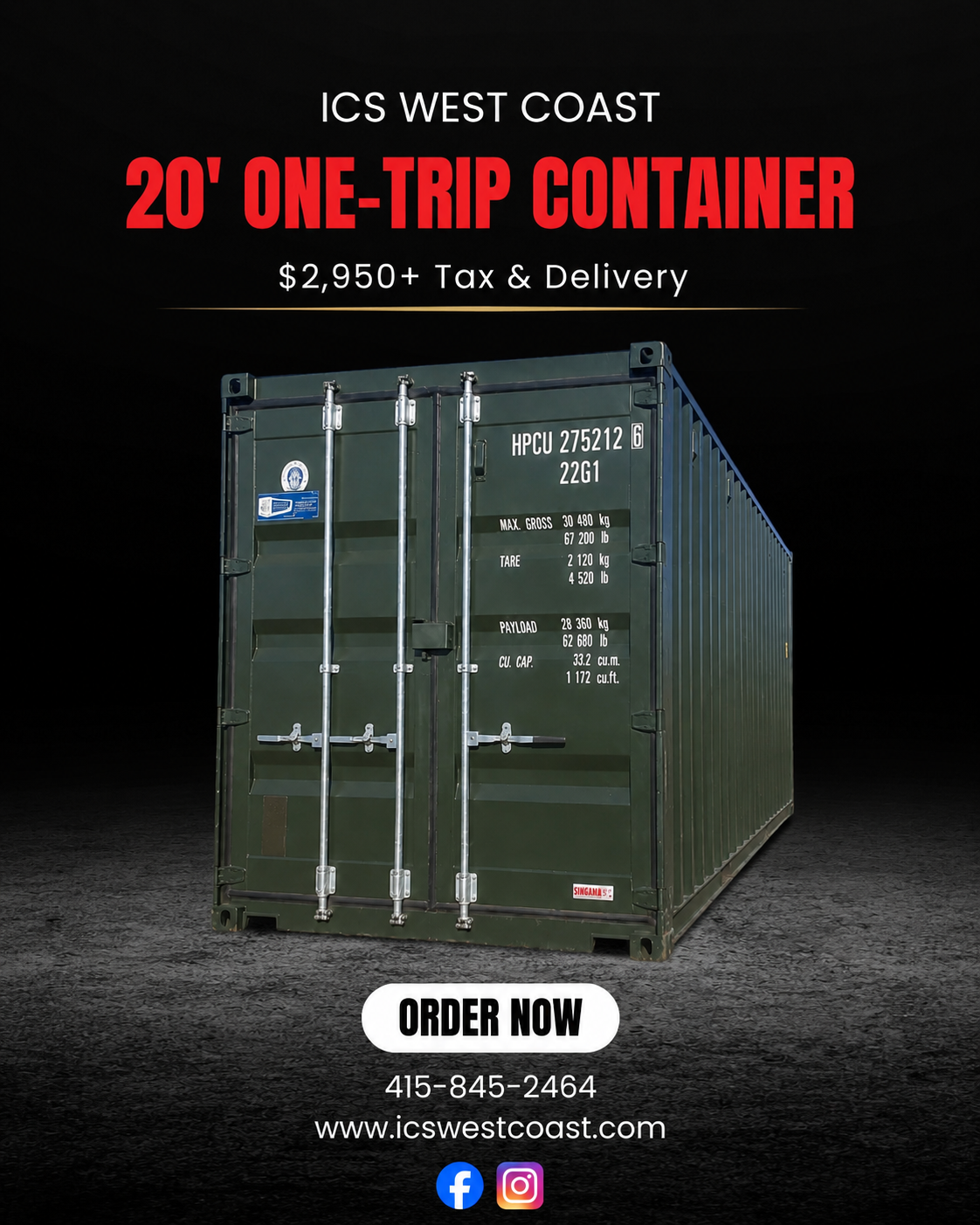 20' One-Trip Dark Green Shipping Container